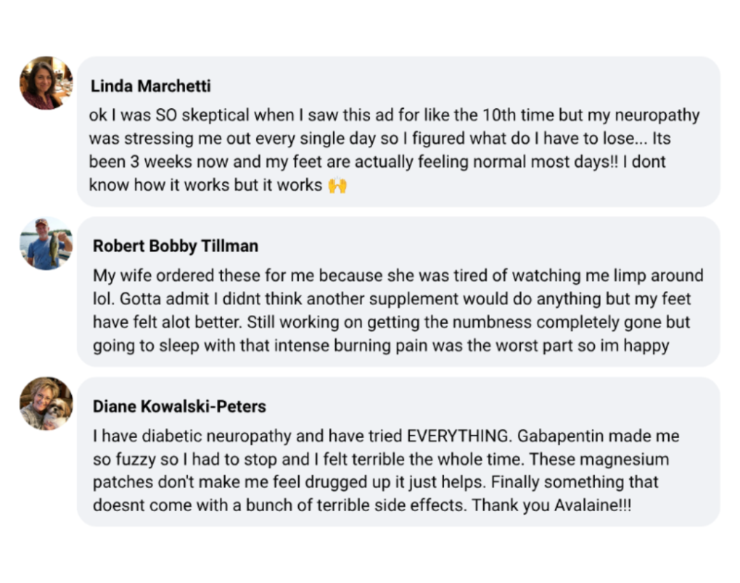 A screenshot-style collage of four customer review text messages with small circular profile pictures on the left. The messages discuss foot recovery and neuropathy relief, with names Linda Marchetti, Robert Bobby Tillman, and Diane Kowalski-Peters visible.